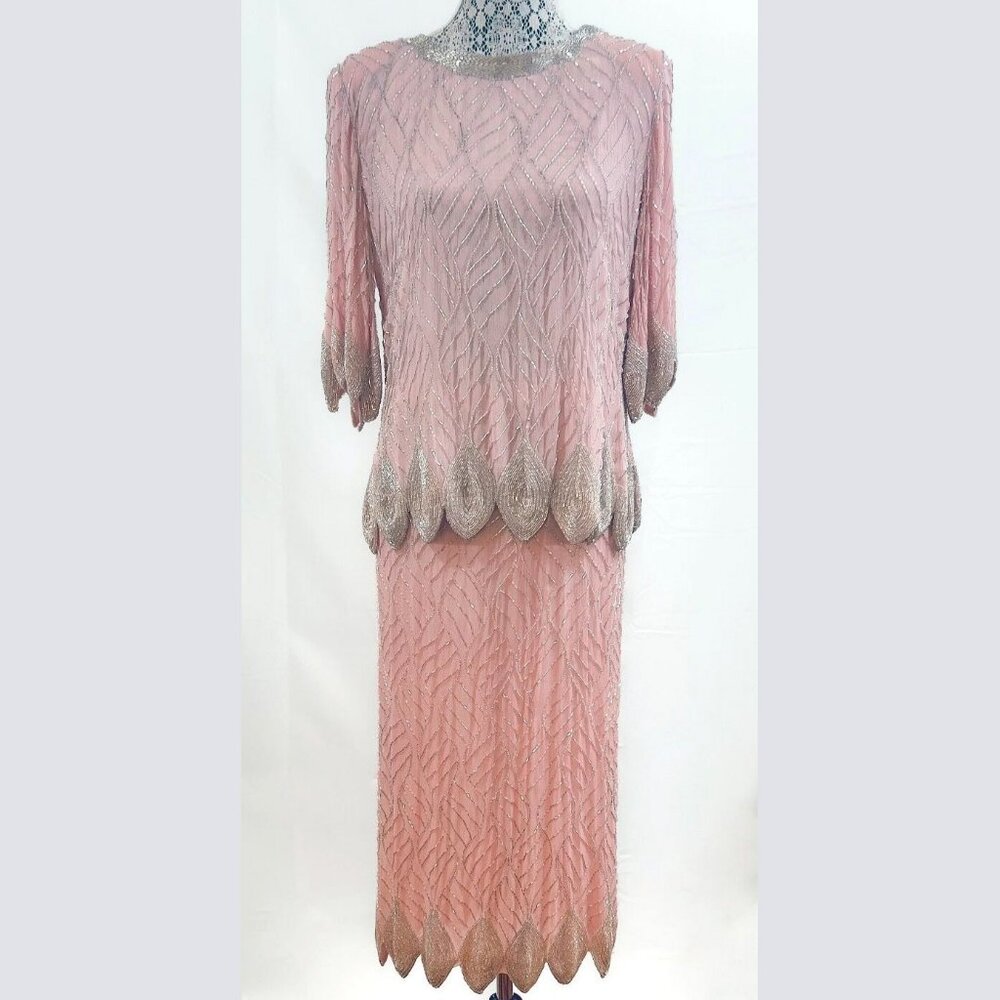 Fantasy by Lisa Kane, Silver-Beaded, Pink Pure Silk Chiffon Dress, Size 14-16